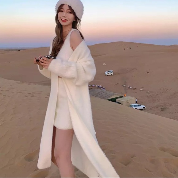 Sweater cardigan 3PCS SET skirt crop top fuzzy eyelash white soft womens - Picture 4 of 15